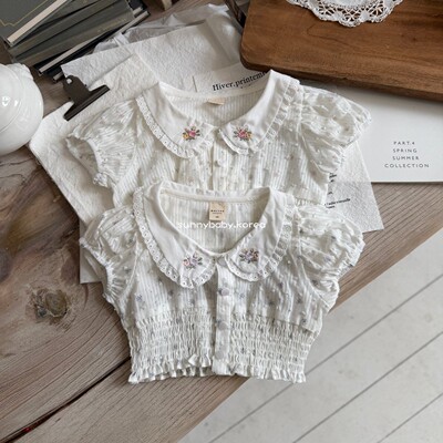 MARRON韩国童装代购26夏女童小童甜美刺绣小花娃娃领泡泡短袖开衫