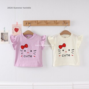 圆领T恤衫 26夏女小大童薄棉可爱凯蒂猫菲边袖 代购 TWINKLE韩国童装