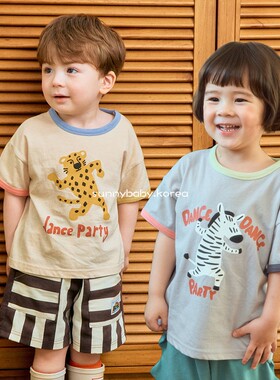 1st韩国进口童装代购26夏男女小大童薄棉卡通印花拼色包边短袖T恤