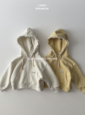 LINDO韩国进口童装代购26春女小童纯色蕾丝花边休闲连帽卫衣外套