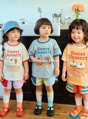 1st韩国进口童装代购26夏男女小大童薄棉可爱印花圆领舒适短袖T恤