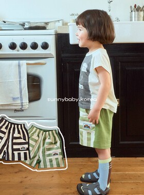 1st韩国进口童装代购26夏男女小大童宝薄棉时尚条纹舒适休闲短裤