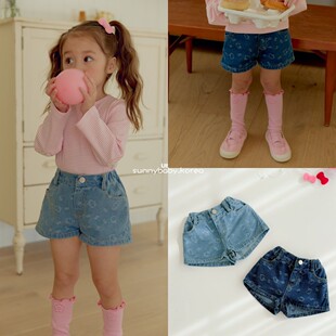 UEO韩国进口童装代购26春款女童小大童卡通提花百搭时尚牛仔短裤