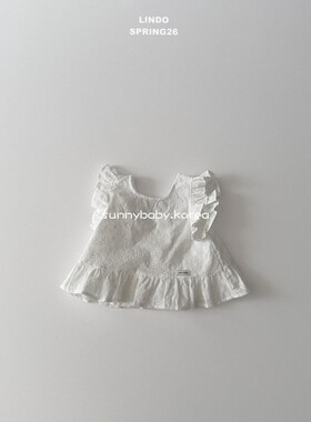 LINDO韩国进口童装代购26春女小童宝洋气公主风刺绣花纹菲边袖T恤