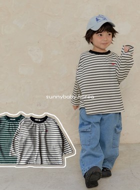 NAVI韩国进口童装代购26春男女小大童棉柔经典条纹圆领长袖T恤衫