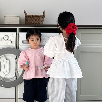 Pepper韩国进口童装代购26春男女小大童娃娃衫纯色木耳边百搭T恤