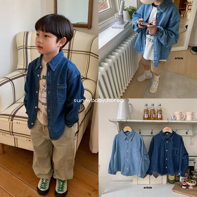 ARTICLE韩国童装代购26春男女小大童棉复古翻领宽松牛仔衬衫外套