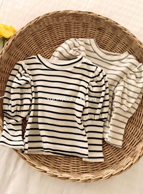 VALU BEBE韩国童装代购26春女婴小童棉柔条纹灯笼袖弹力打底衫T恤