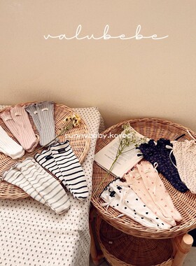 VALU BEBE韩国童装代购26春女婴童棉柔碎花条纹木耳边弹力中筒袜