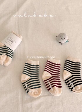 VALU BEBE韩国童装代购26春男女婴童棉柔经典条纹防滑小腿袜3双装