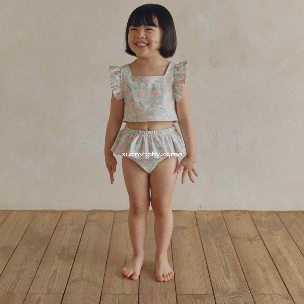 LACAMEL韩国童装代购26夏女童洋气碎花方领荷叶边飞袖分体式泳装