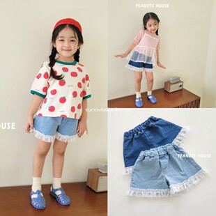 26夏女小童柔软百搭蕾丝花边松紧腰休闲短裤 PEANUTS韩国童装 代购