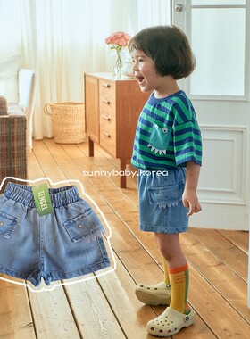 1st韩国进口童装代购26夏男女小大童宝薄棉卡通拼接宽松牛仔短裤