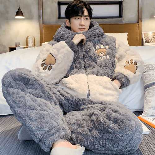 2025年新款睡衣男士秋冬季加绒加厚珊瑚绒三层夹棉冬款家居服省服