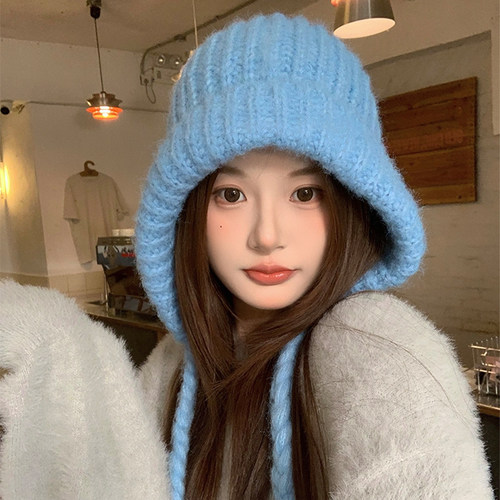 蓝色巴拉克拉法帽女秋冬季保暖护耳针织毛线帽显脸小防寒包头帽子