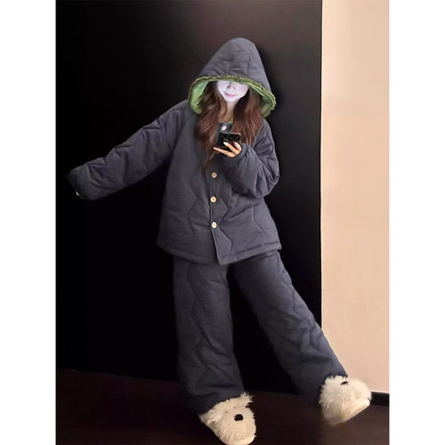 轻奢风格纹加厚保暖夹棉睡衣女秋冬新款季可外穿连帽家居服套装潮