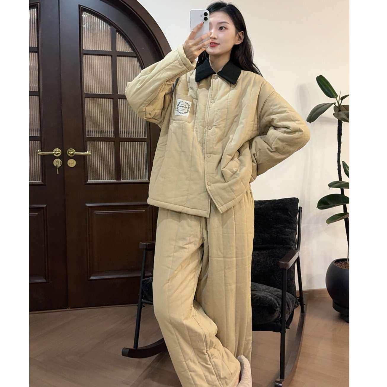 韩系少女纯色三层夹棉睡衣女秋冬款棉服加绒加厚家居服套装可外穿