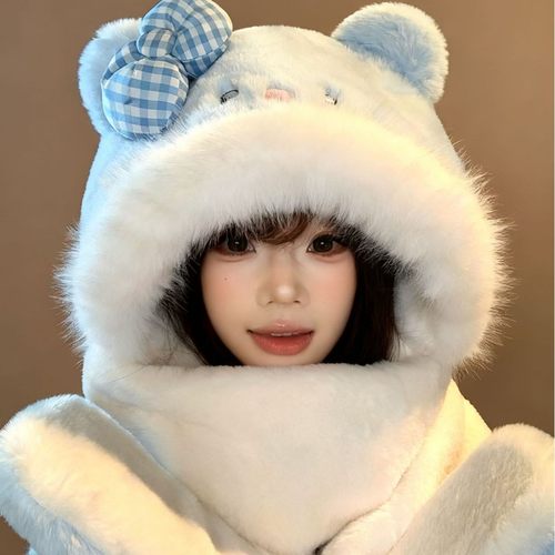 爱尚优猫咪帽子围巾一体三件套女冬季可爱围脖连帽毛绒头套一体帽
