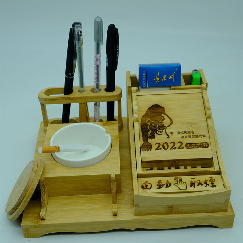 自动弹取烟盒装20支烟灰缸细烟竹木工艺桌面摆件办公室高档摆饰品