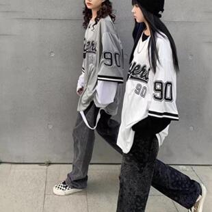 美式高街hiphop棒球领短袖衬衣外套男女oversize嘻哈街舞垂感衬衫