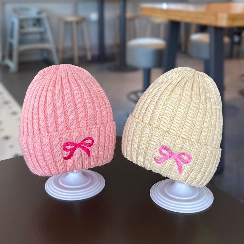 儿童帽子秋冬新款可爱糖果色蝴蝶结刺绣宝宝针织帽男女童毛线帽韩