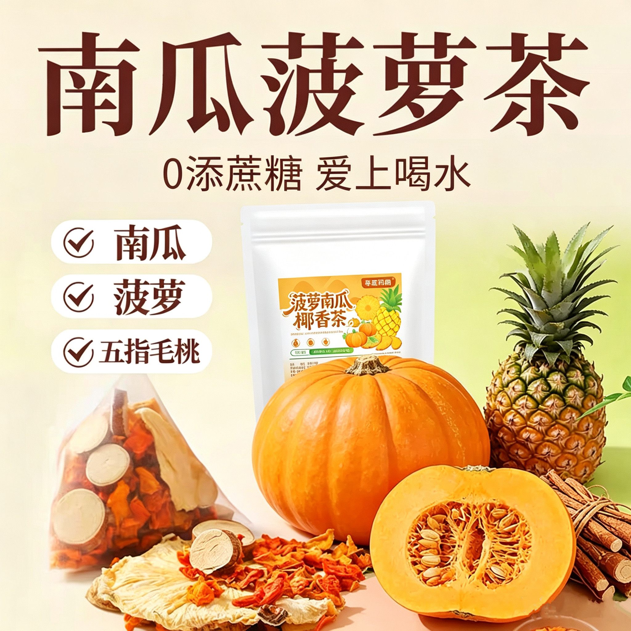 糖尿人专用零食可以喝无糖精菠萝南瓜椰香茶夏日免煮三角水果茶包
