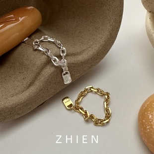 至恩S925纯银韩版小众设计感黄金链条戒指女方牌简约百搭食指指环