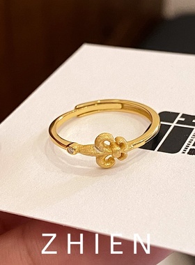 S925纯银鸢尾花戒指女黄金色