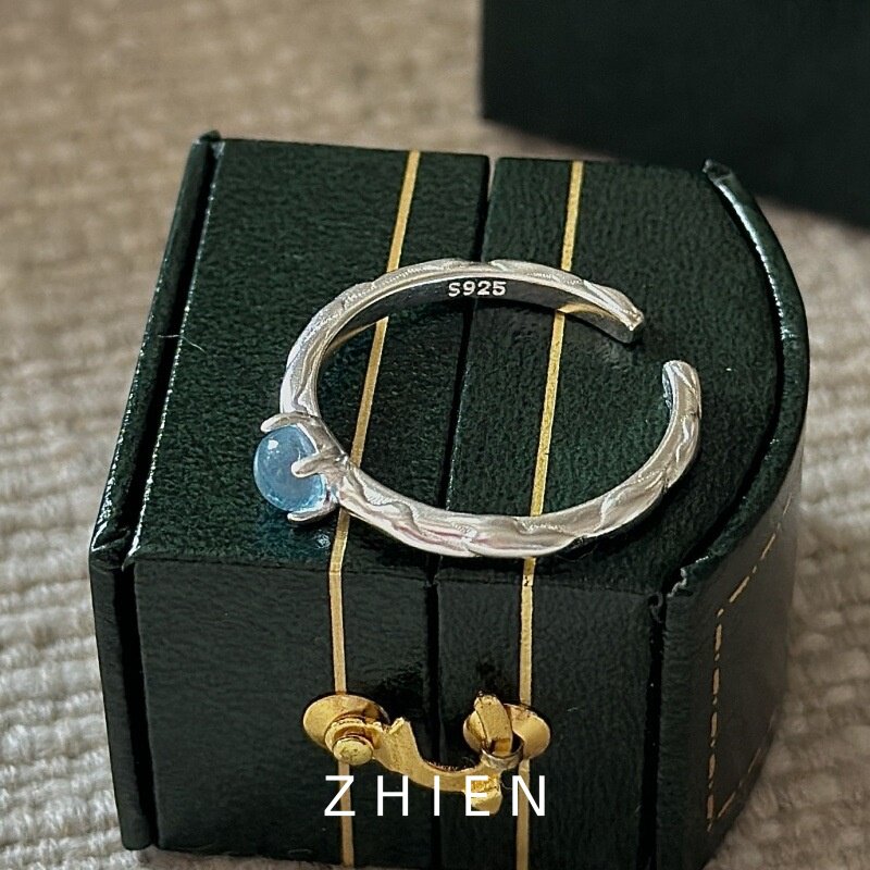 S925纯银天然海蓝宝戒指女