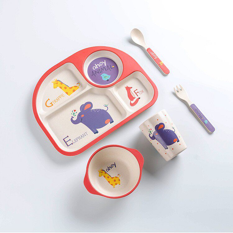 竹纤维儿童餐具套装 创意卡通饭碗 宝宝分格餐盘 礼品餐具五件套