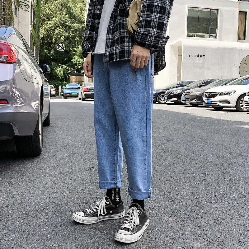 9221-P45港风牛仔裤男春夏长裤水洗潮流休闲直筒裤青年裤子浅蓝，男装牛仔裤，电商A080