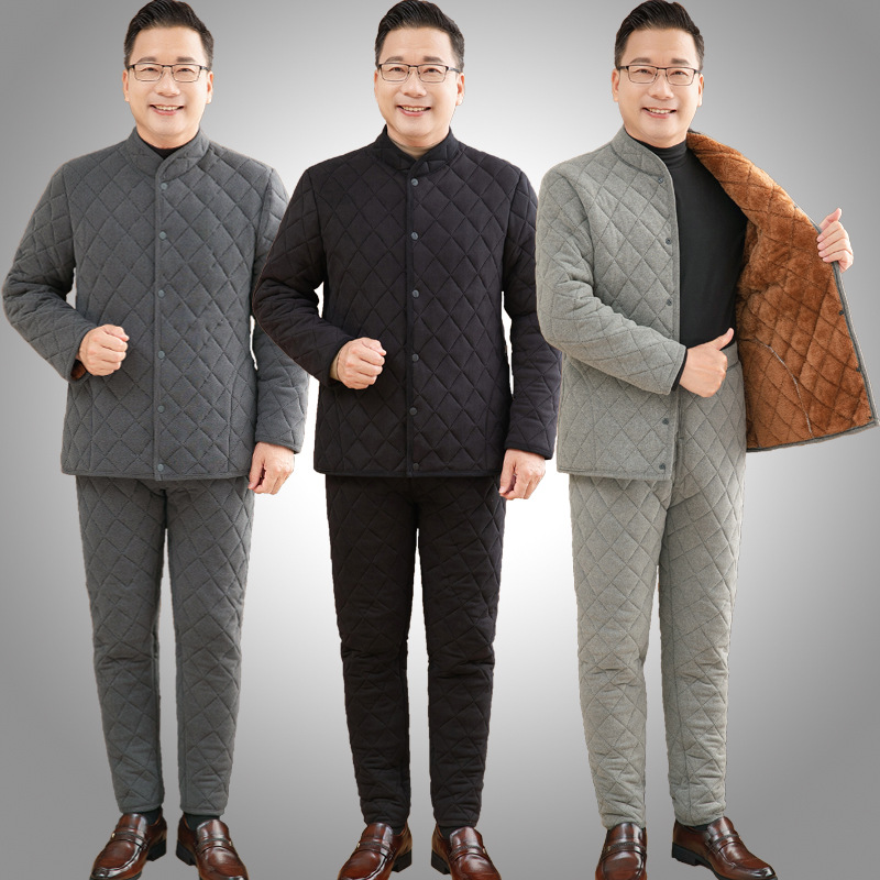 爷爷加厚德绒保暖内衣男士开衫中老年人冬季加绒爸爸棉衣棉裤套装