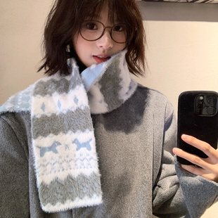 费尔岛风猫咪提花双面针织围巾女生2025新款 冬加厚韩系氛围感围脖