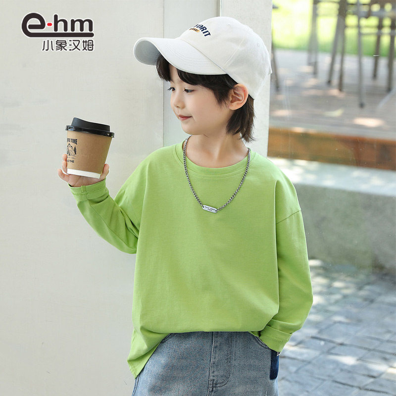 小象汉姆童装男童长袖t恤纯棉春秋打底衫白色T恤2024秋装新款内搭