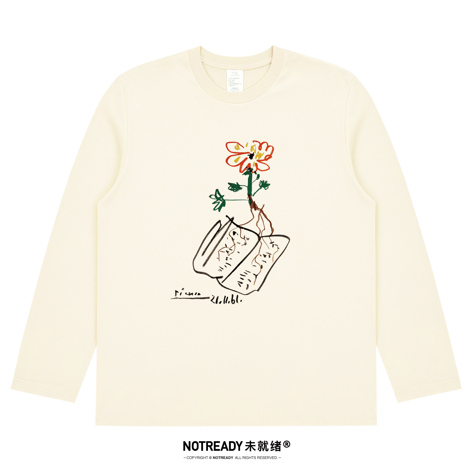 毕加索T恤书与花印花艺术长袖t