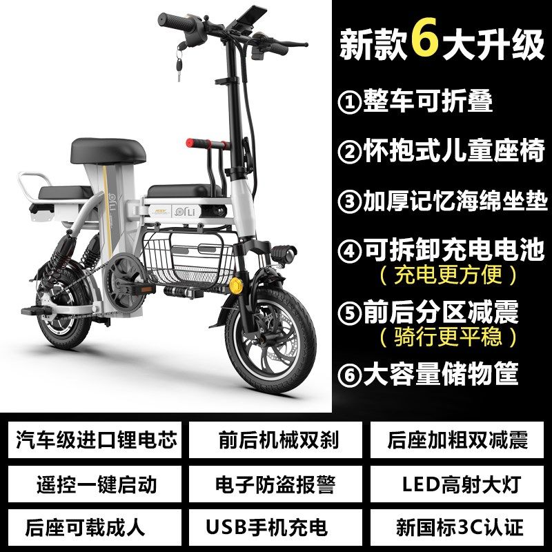 折叠电动车小型代步男女双人亲子母子三人带娃新国标锂电瓶自行车