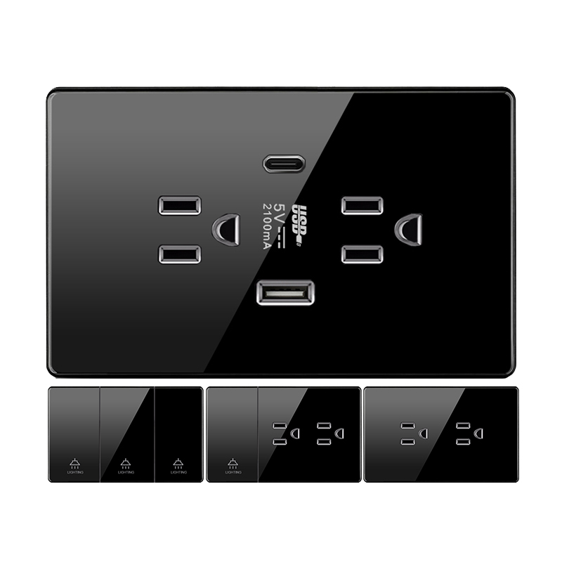 120型墙壁开关插座 一开二开三开全面玻璃面板 20W USBType 黑色