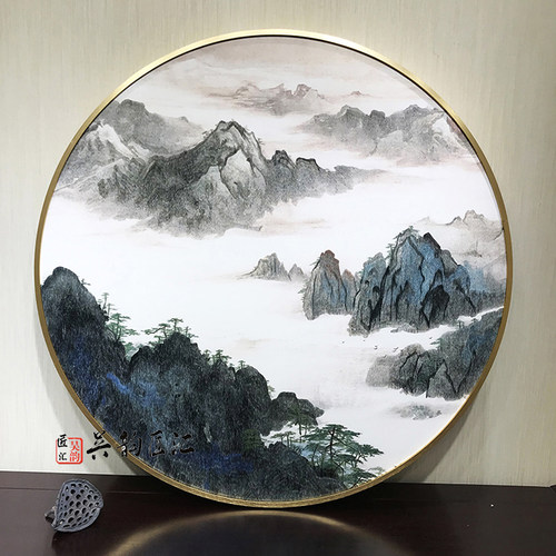 苏绣圆形直径80CM新中式玄关客厅单面绣成品挂画手工刺绣山水花鸟 - 封面