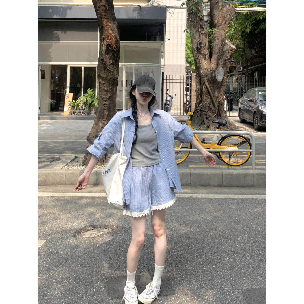 休闲套装灰色吊带背心蓝色条纹衬衫女装夏季阔腿短裤直筒裤三件套