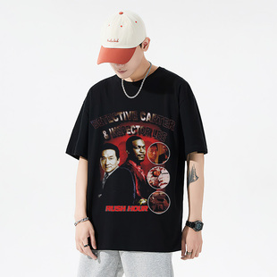 尖峰时刻成龙美式复古重磅纯棉小领口摇滚宽松打底衫潮流短袖t恤