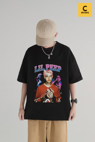 Lil Peep利尔皮普歌手美式宽松小领口摇滚纯棉嘻哈潮流男短袖T恤