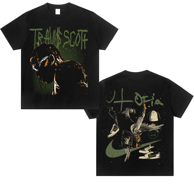 Travis Scott斯科特美式重磅纯棉摇滚Rap潮夏季复古小领口短袖T恤