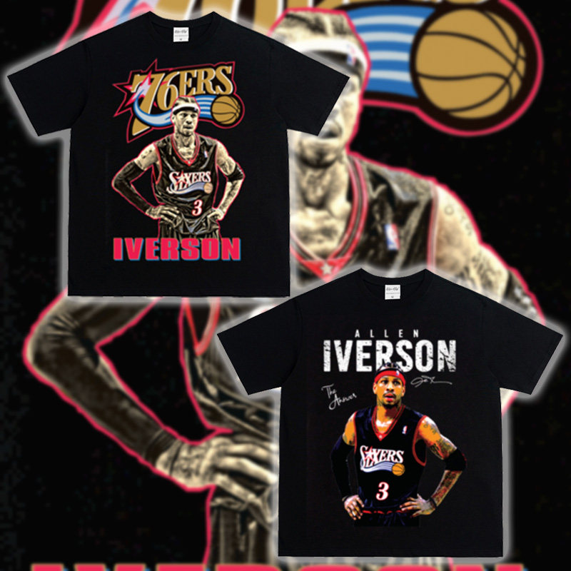 Allen Iverson艾弗森篮球美式青年小领口重磅纯棉明星运动短袖t恤