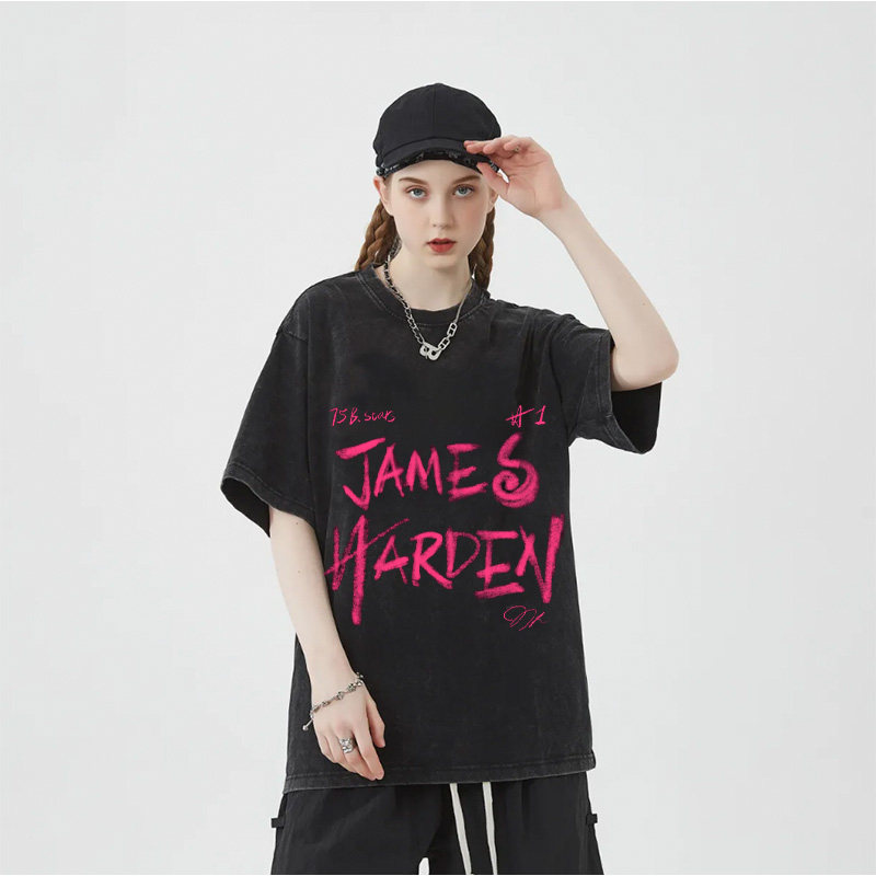 James 詹姆斯签名美式篮球重磅纯棉宽松潮牌t恤短袖摇滚领口休闲