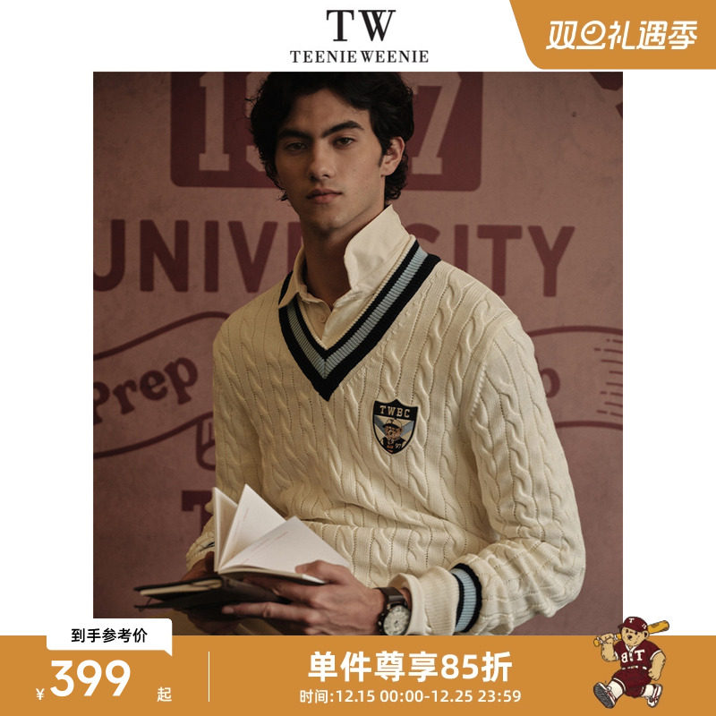 TeenieWeenie小熊男装毛衣2025春新款简约撞色V领休