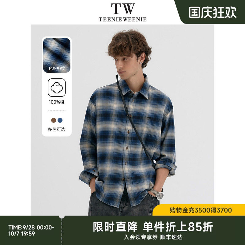 TeenieWeenie小熊男装衬衣休闲舒适撞色设计纯棉色织格纹长袖衬衫