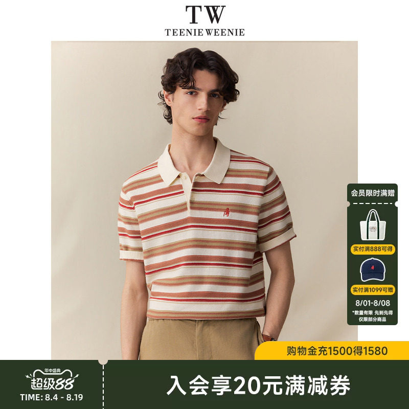 小熊男装针织套头衫POLO领条纹