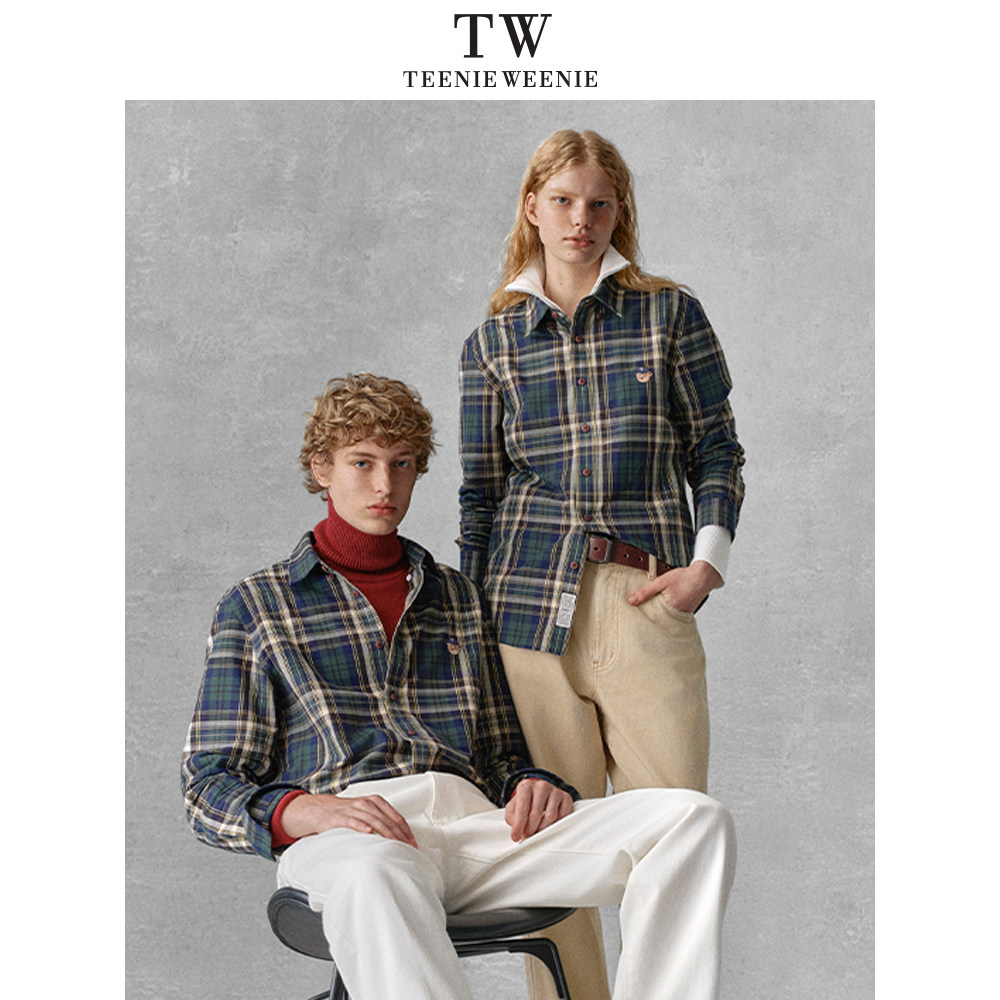 Teenie Weenie小熊男装简约长袖休闲宽松刺绣格纹翻领衬