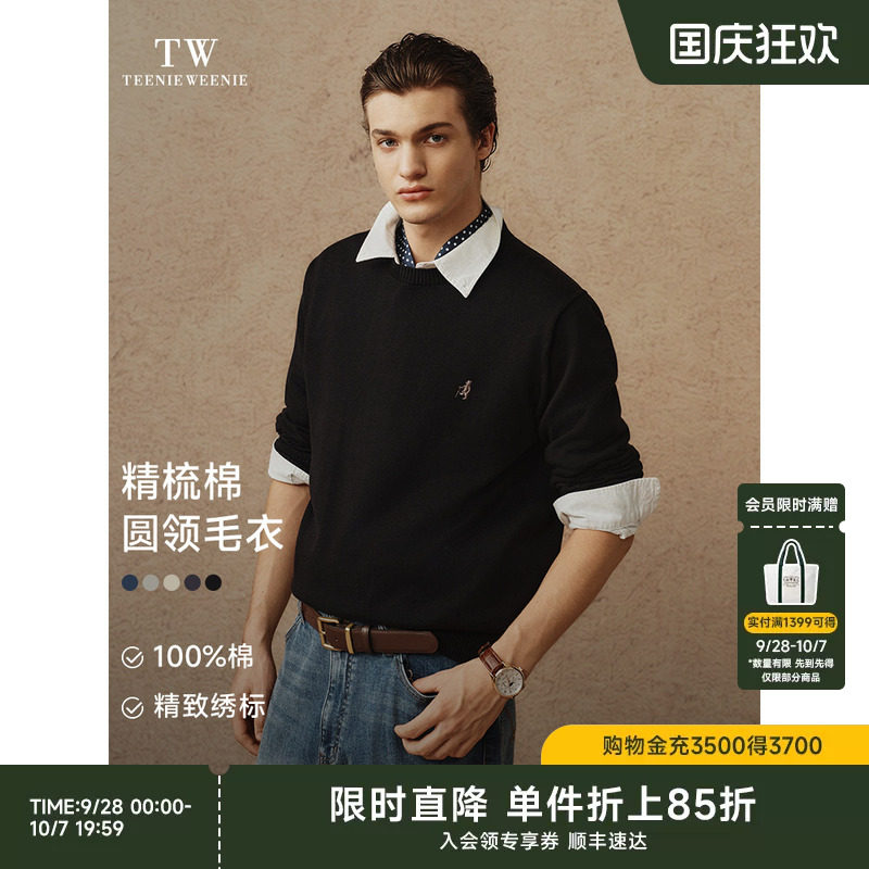 TeenieWeenie小熊男装秋冬新款长袖休闲风圆领刺绣保暖针织衫毛衣