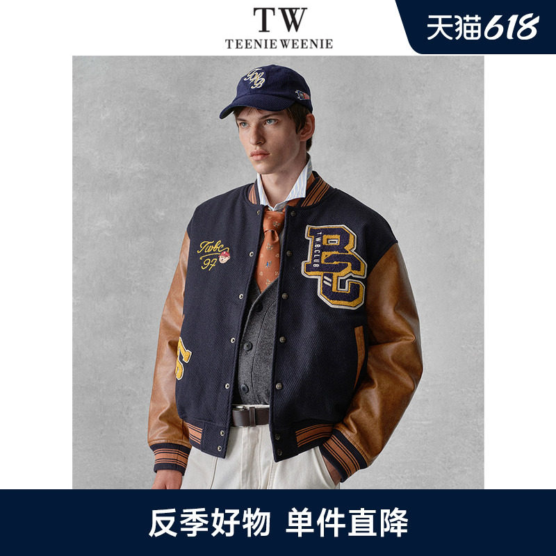 TeenieWeenie小熊男装美式宽松拼接休闲毛呢外套学院休闲棒球服